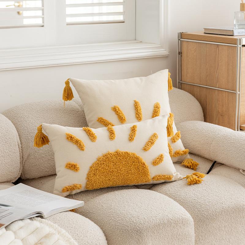 New Sofa Tufted Lumbar Pillow Cushion Pillow Three-dimensional Embroidered Tassel Bedroom Tatami Decorative Pillow Case