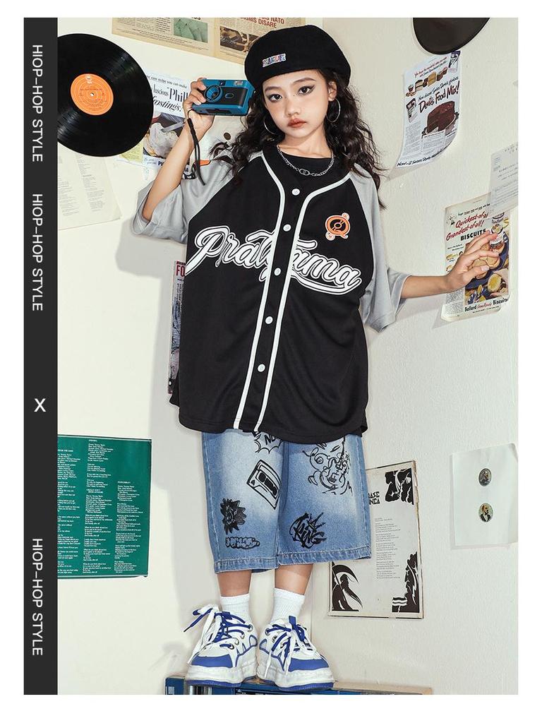 Modny hip-hopowy zestaw uniformów baseballowych dla dzieci - Krótki rękaw, letni kostium na występy dla chłopców i dziewcząt