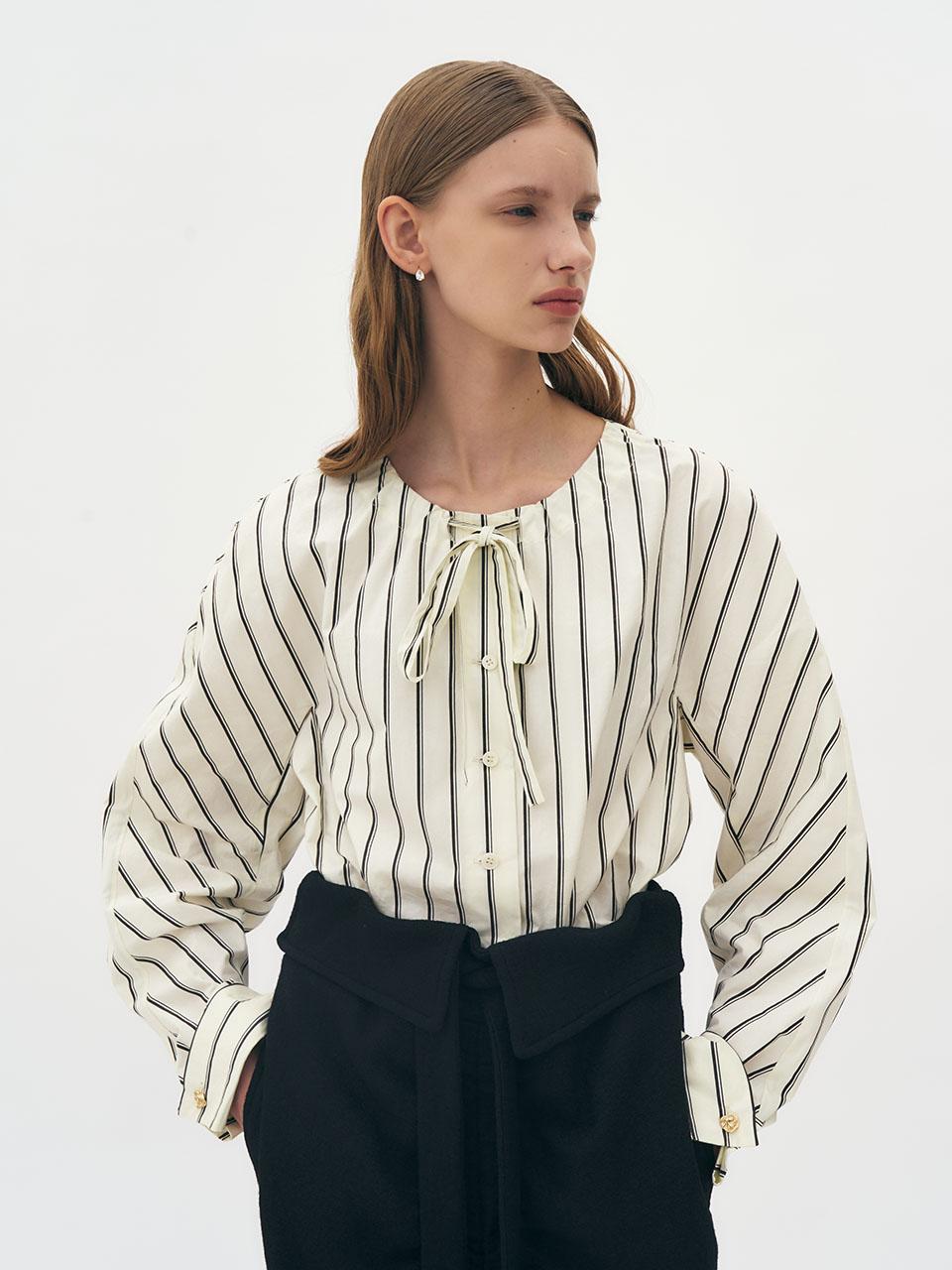 Ed Mang Boat Neck Rolled-Up Cuff Striped Shirt (Ivory) Free