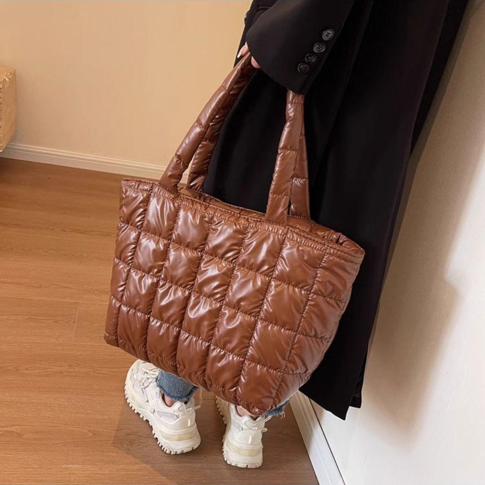 Korean Style Down Cotton Shoulder Bag Checkered Nylon Handbag Simple Puffy Bag  Autumn Winter