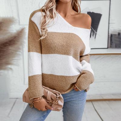 Women's Knitted Sweater Pullover V-neck Loose Contrast Knitted Striped Sweater for Women