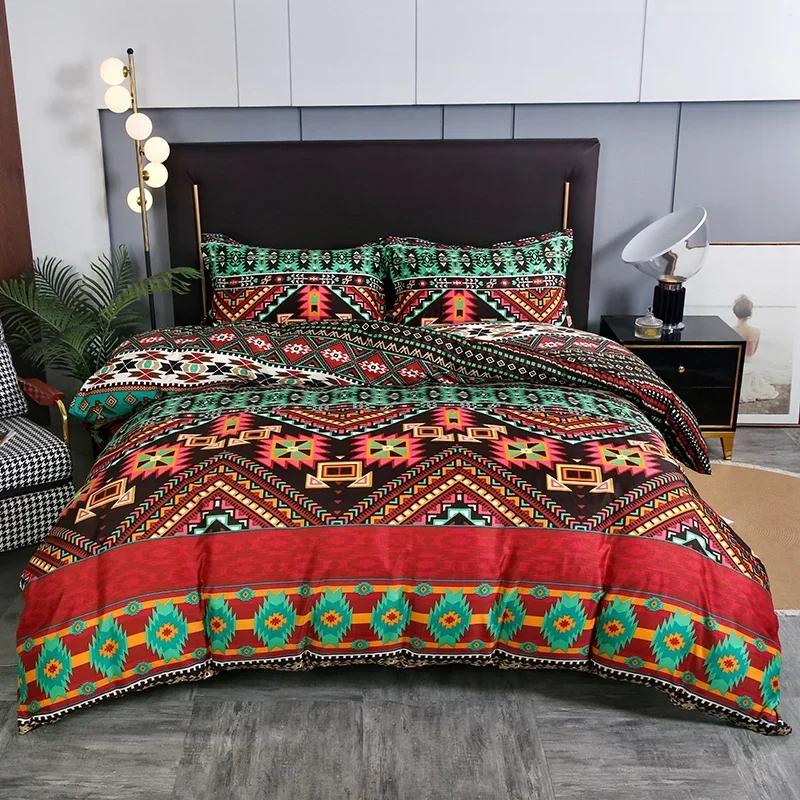 3pcs Boho Bedding Set Striped Geometric Duvet Cover and Pillowcases in Brown Ethnic and Traditional Style Soft Cozy Quilt Covers
