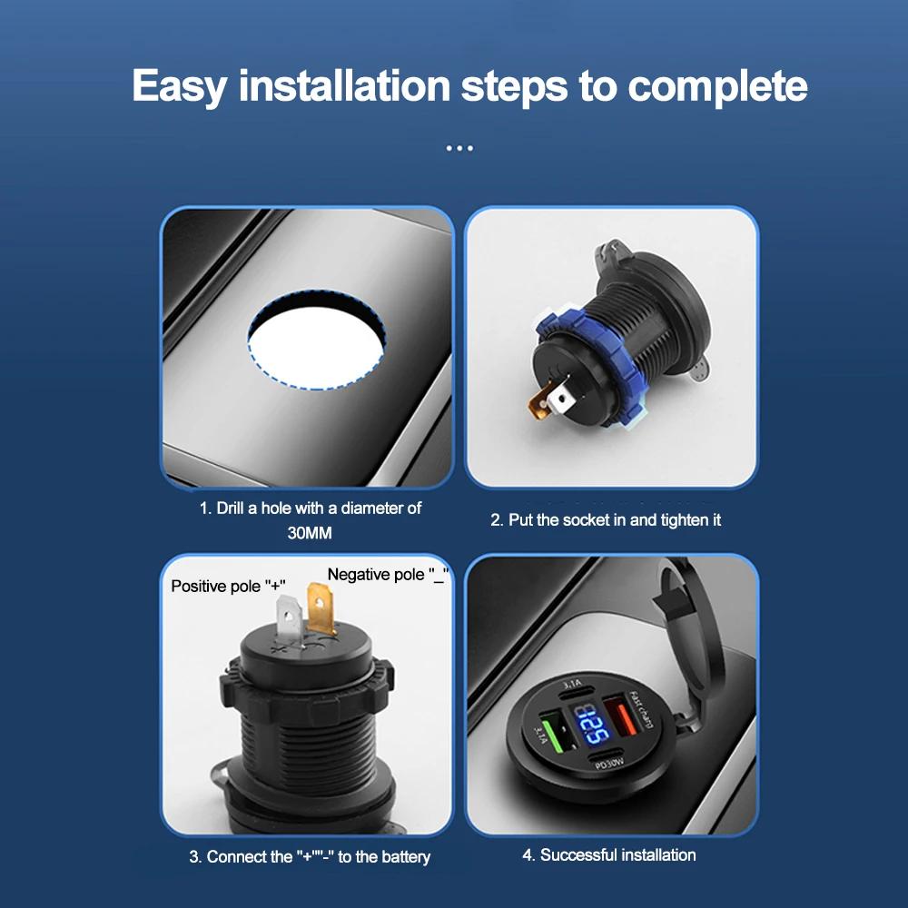 4-Ports Car Charger with LED Voltmeter PD Type C QC3.0 Fast Charging USB Power Outlet Adapter Waterproof 12V/24V for Car Boat