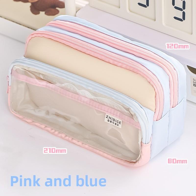 Kids Large Capacity Canvas Pen Bag With Transparent Pocket For School Stationery Storage