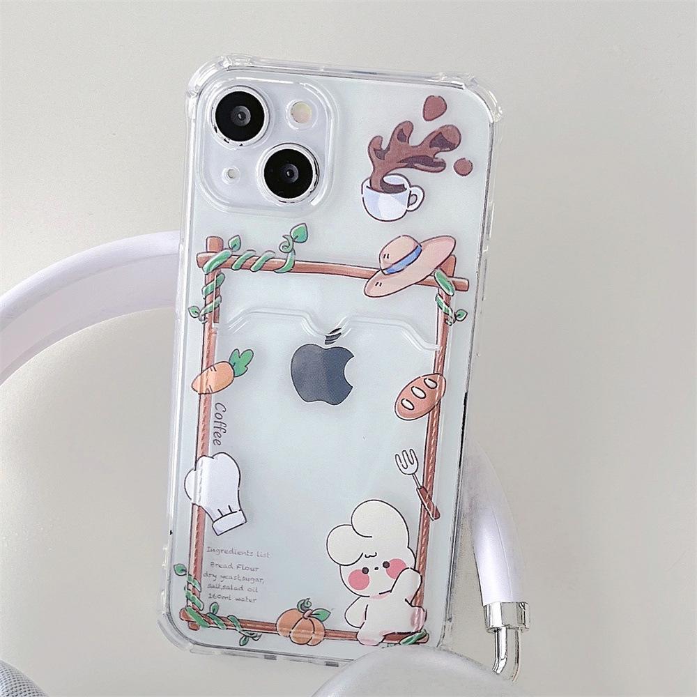 Rabbit 15-Card Slot Coffee Bread iPhone 12/13 Phone Case: Fits iPhone 11/13, XR/XS Max Transparent Design