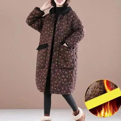 Women Winter Design Flower Floral Print Hooded Coat Ladies Padded Loose Long Sleeve Warm Jackets
