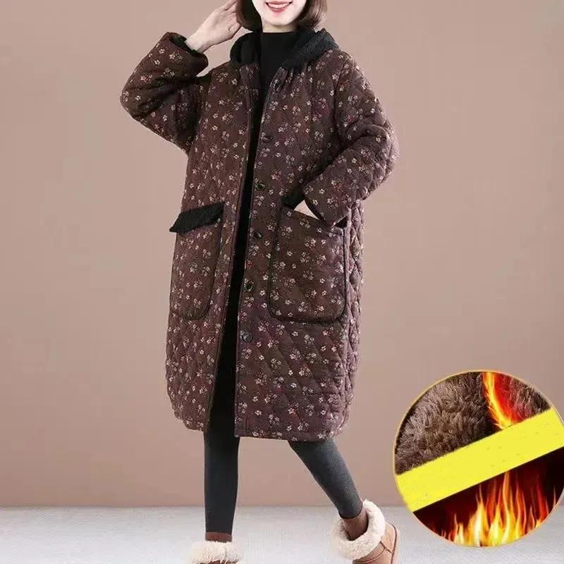 Women Winter Design Flower Floral Print Hooded Coat Ladies Padded Loose Long Sleeve Warm Jackets