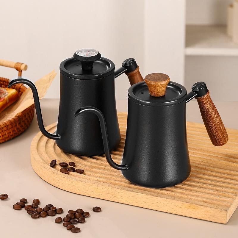 

Portable Stainless Drip Jug Coffee Kettle With Thermometer 500 ML Goose Neck Kettle Camping Coffee Pot Wooden Handle Tea Pot
