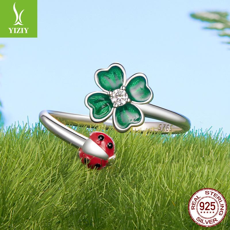 Clover Ladybug Ring Elegant Temperament Personality Open Ring Women'S Ring Premium Nis