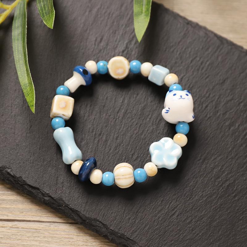 Creative Ceramic Cat Bear Beaded Bracelet Dopamine Color Small Fresh Color Retro Literary Bracelet Women