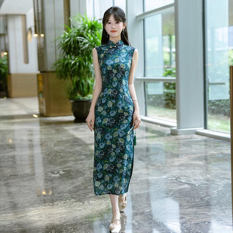 Long Sleeveless Green Chinese-Inspired Modern Cheongsam Dress Women Vintage Chic Fit Formal Occasion Small