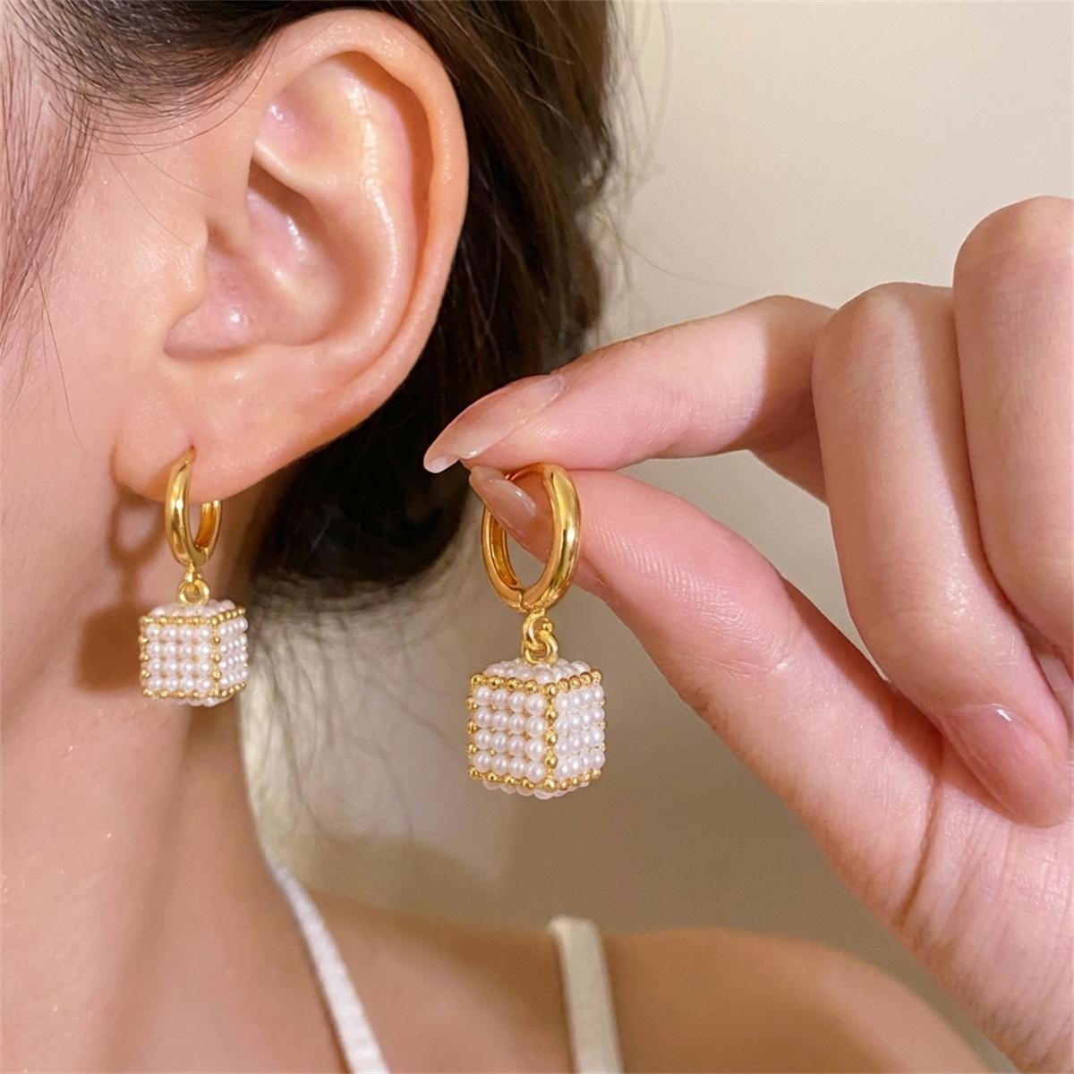 French Vintage Exquisite Pearl Cube Drop Earrings For Women Elegant Imitation Pearl Hoop Dangle Earring Daily Party Zircon Gift