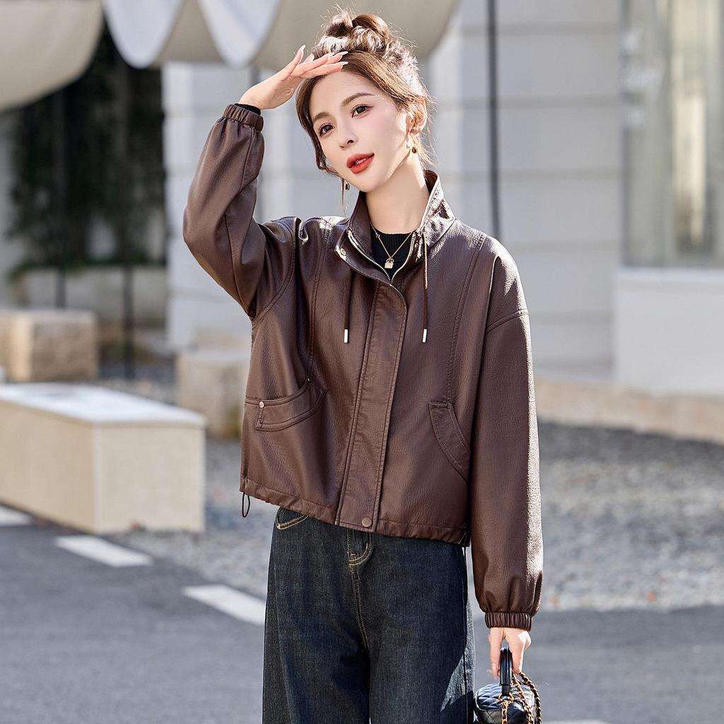 Women's Petite Leather Stand-Collar Jacket - Slimming, Stylish Motorcycle Style, Spring 2026 Fashion