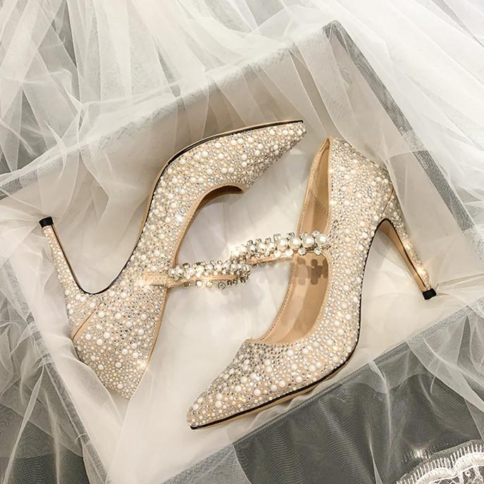 Fashion Bridesmaid Banquet High Heels, Women'S Thin Heels, Bride'S Wedding Shoes, Dress, Pearl And Crystal, Single Shoes For The Annual