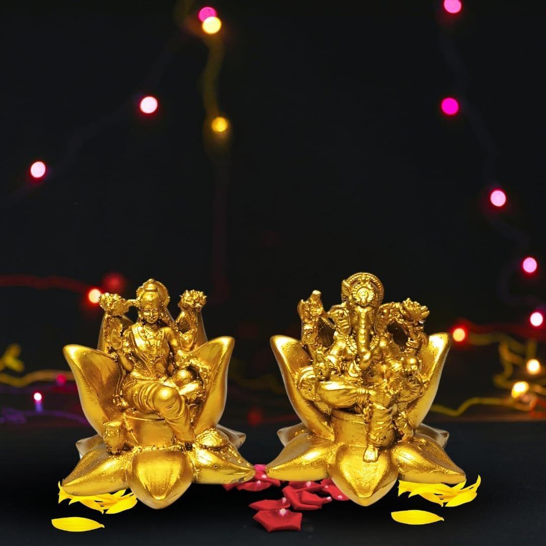 

Lord Ganesha and Lakshmi Idol Sitting on Lotus Gold Antique Resin Figurine Idol Statue