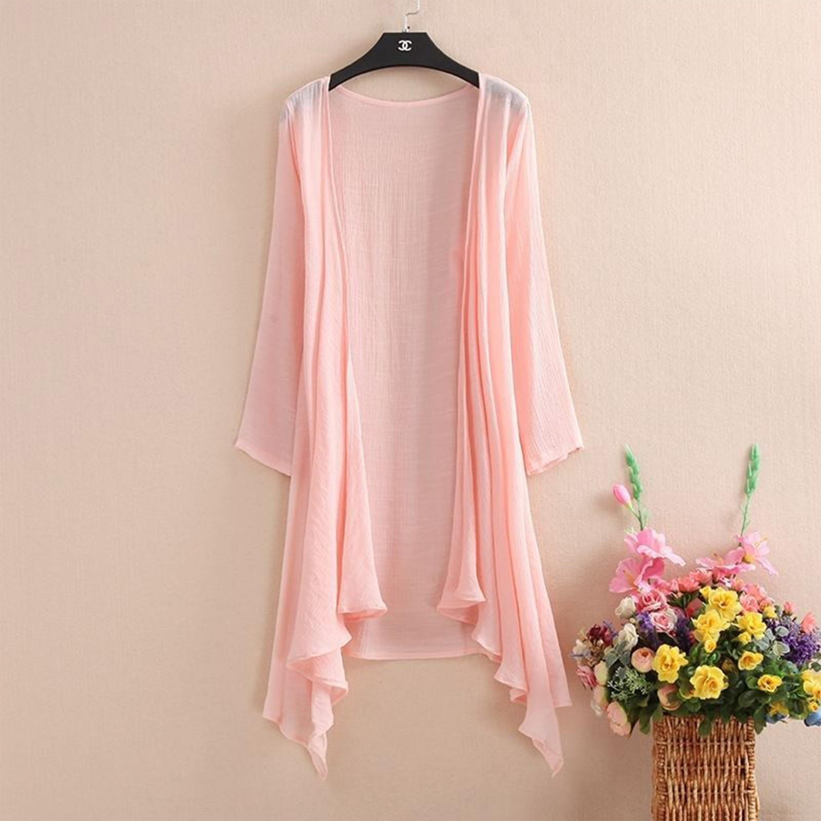 

Женская мода однотонное нерегулярное хлопково-льняное пальто-кардиган средней длины One Size розовый