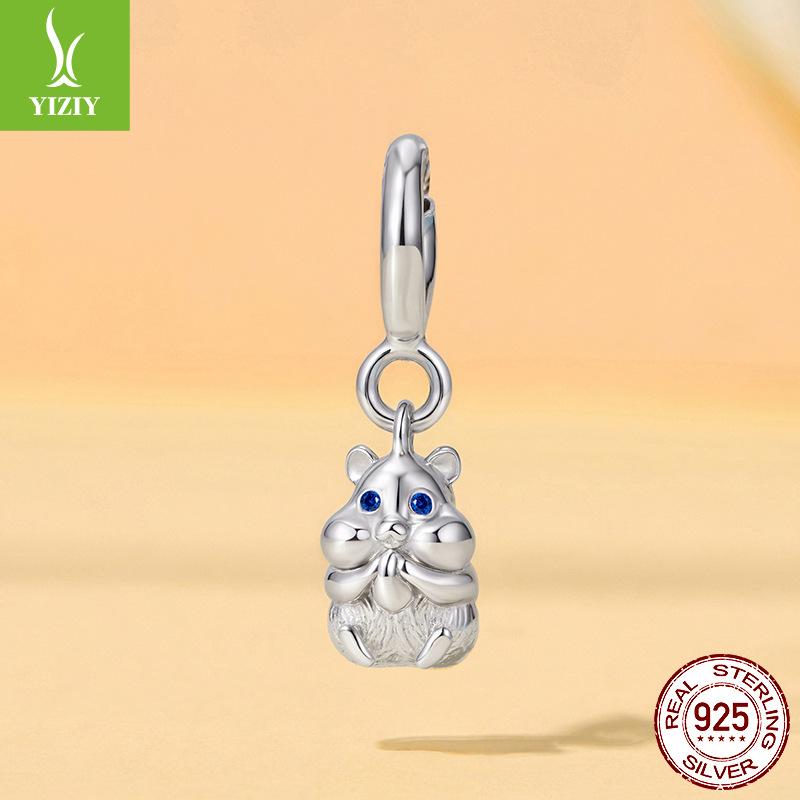 S925 Sterling Silver Cute Hamster Pendant Opening And Closing Button Head, Cute Pet Animal Diy Beaded Accessories