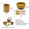 4 Pcs Baby Silicone Suction Bowl Spoon Fork Cup Learning Training Feeding Set Utensil Dishes Tableware for Newborn Toddlers Infants Dinnerware Yellow