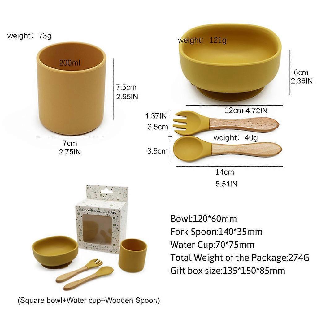4 Pcs Baby Silicone Suction Bowl Spoon Fork Cup Learning Training Feeding Set Utensil Dishes Tableware for Newborn Toddlers Infants Dinnerware Yellow