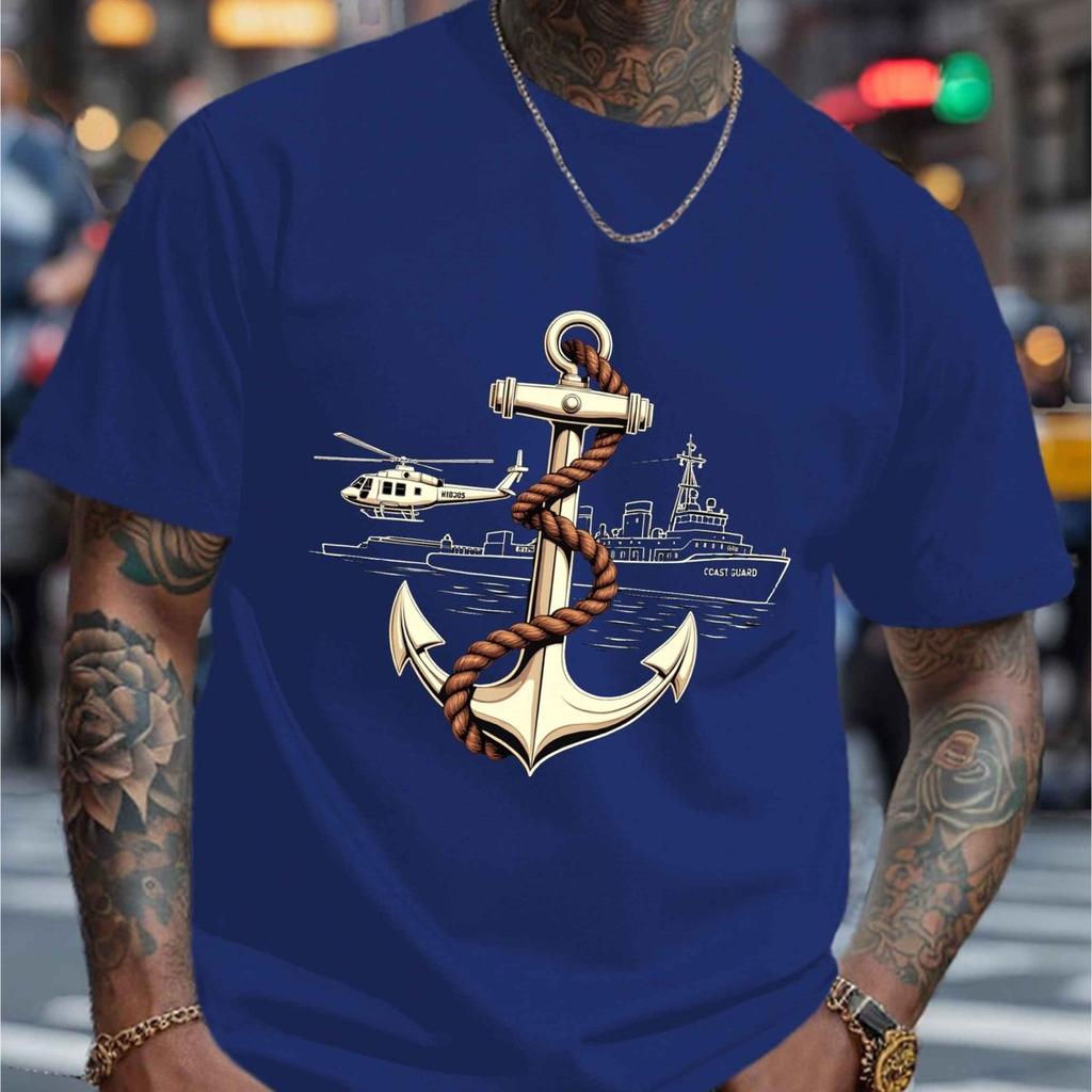 Nautical Anchor Coast Guard Helicopter Graphic Mens Casual Cotton Crew Neck TShirt Short Sleeve