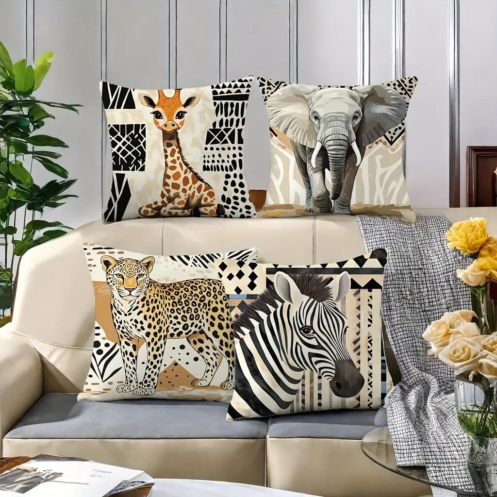 Zweiseitig bedruckte Kissenbezüge, Giraffe Elefant Leopard Zebra Kunst Dekorative Überwurf-Kissenbezüge, Tribal Boho Wohnkultur