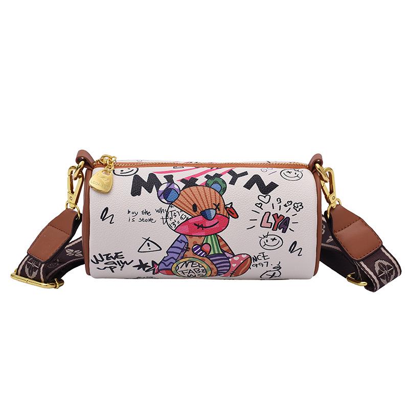

Корейский стиль 2025 Осень Шик Женская сумка кроссбоди Граффити Цилиндр грязно-белый