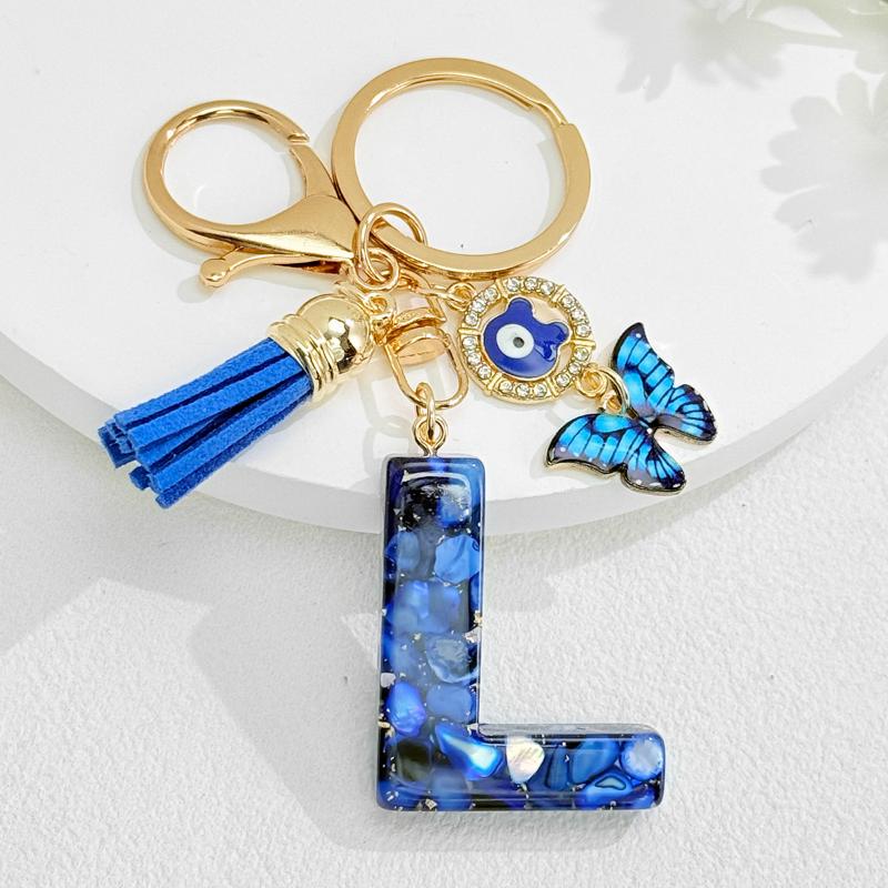 Fashion Blue Glazed Stone A To Z Letter Keychain 26 Initials Alphabet Butterfly Tassel Pendant Car Keyring Women Jewelry Gifts