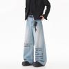 American retro letter print design scimitar jeans men's loose wide legs lazy baggy casual trousers