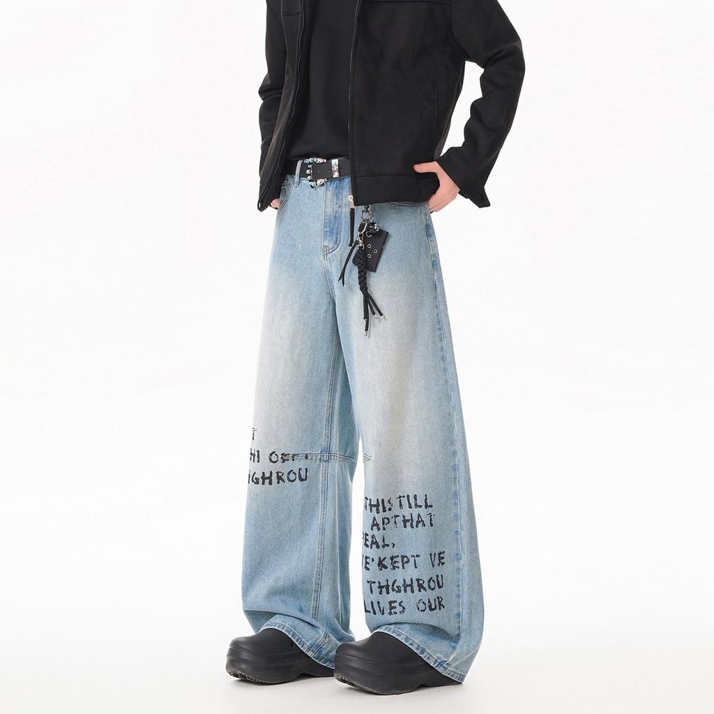 American retro letter print design scimitar jeans men's loose wide legs lazy baggy casual trousers