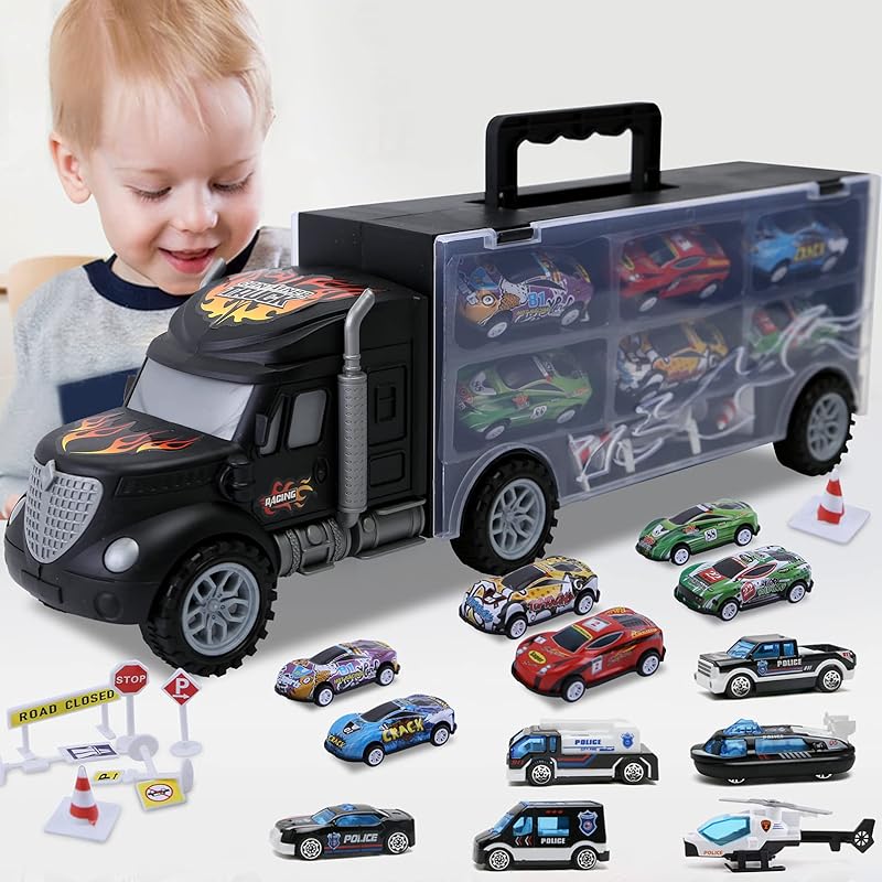 Toddler Toys for 3-4 Year Old Boys,Large Transport Cars Carrier Set Truck Toys with 12 Die cast Vehicles Truck Toys Cars,Ideal Christmas Easter Gifts