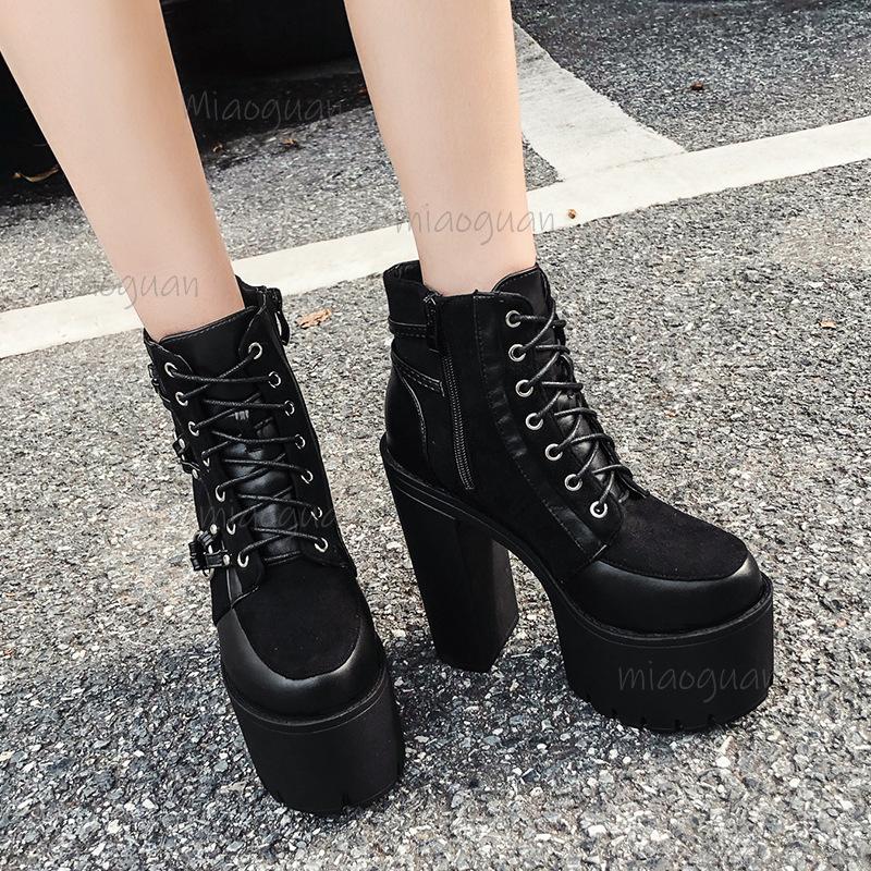 Women's Punk Nightclub High Heeled Boots Super High Heel 15CM Thick Platform Ankle Bootie Buckles Lace Up Women Boots Size35 42