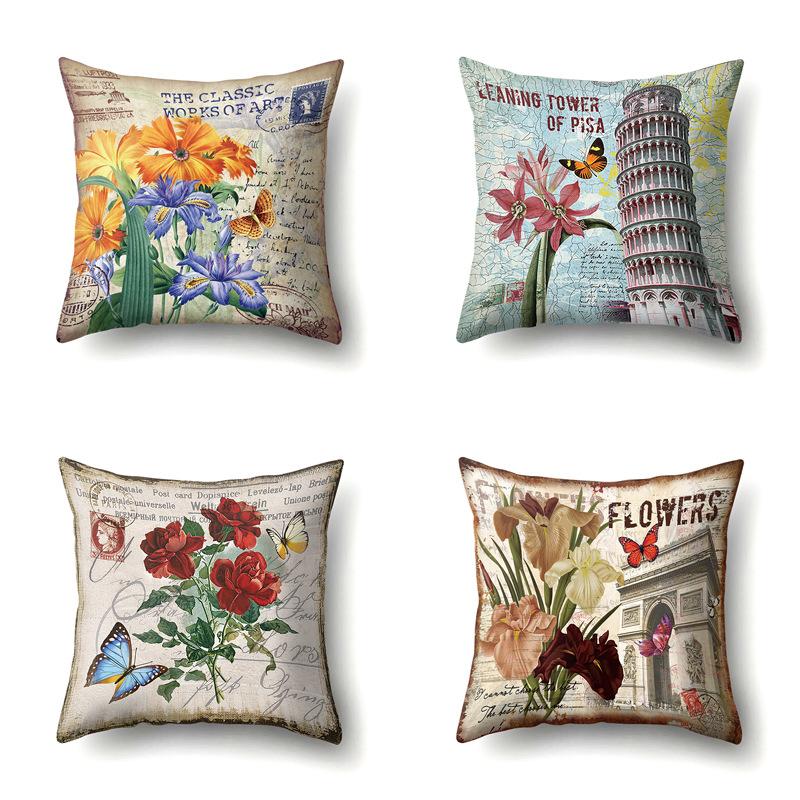 Polyester Pillowcase Automobile Decoration Retro Print Pillowcase Waist Cushion Cover Tower Bedside Cushion Cover