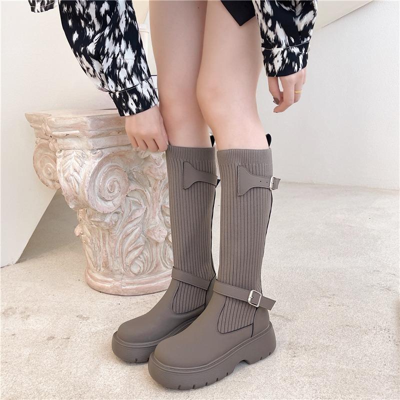 Socks Boots Fashion Round Toe Spliced Knit Breathable Platform Non-Slip Wear-Resistant Block Heel Shoes