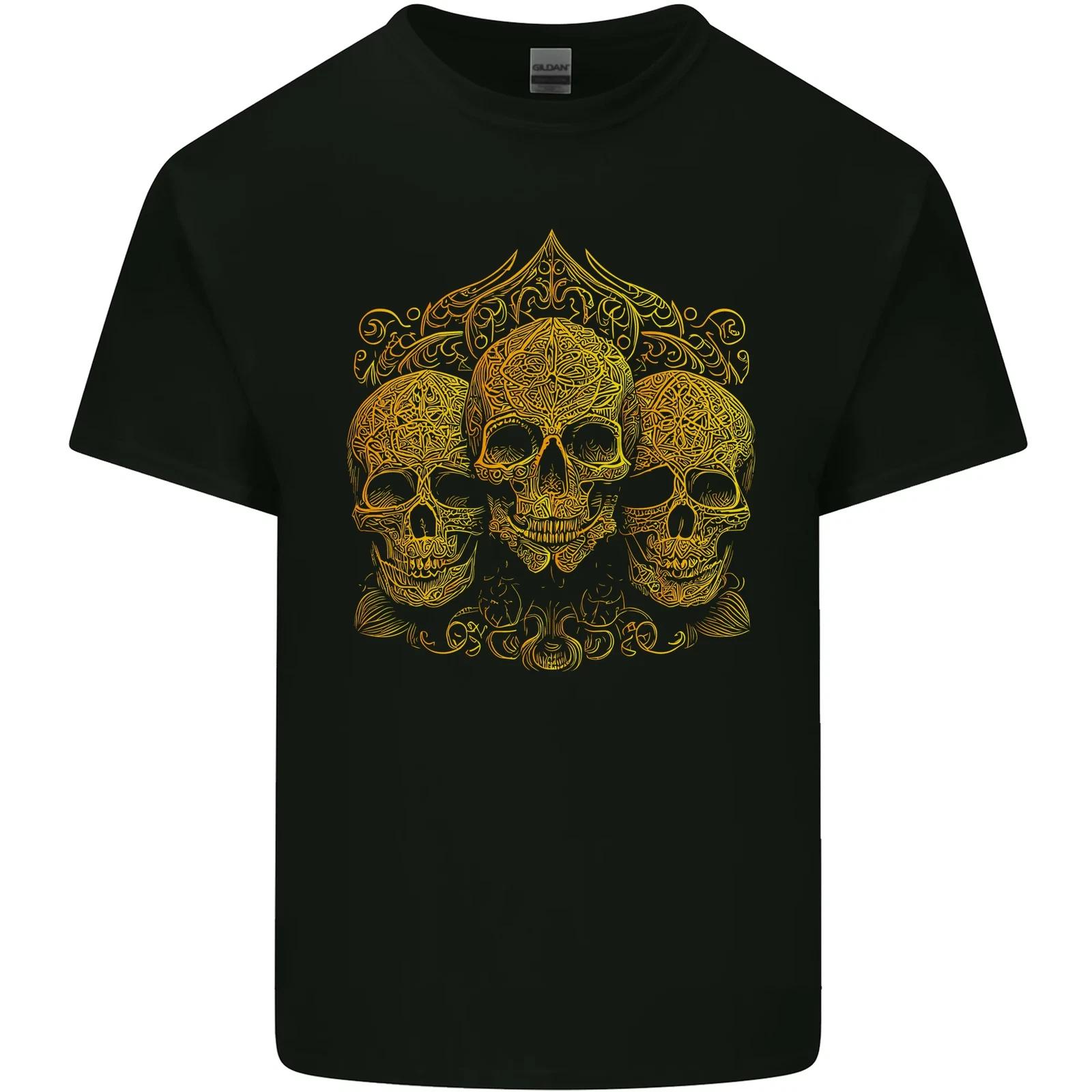 3 Ornate Gold Skulls Gothic Goth Kids T-Shirt Childrens S