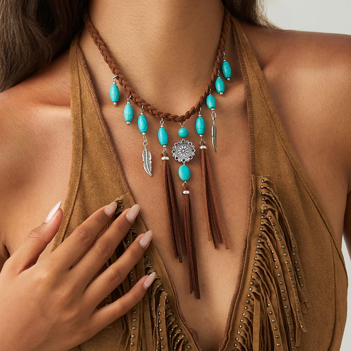 

Ingemark Ethnic Stone Tassel Link Pendant Choker Necklace Women New Trend Vintage Adjustable Clavicle Chain Party Jewelry Gift