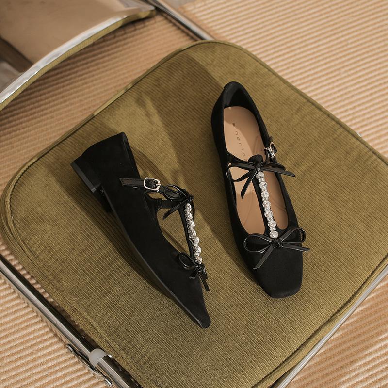 22305 Flat Shoes Women's Thick Heel 2025 New Square Head Rhinestone Word with Mary Jane Bow Single Shoes