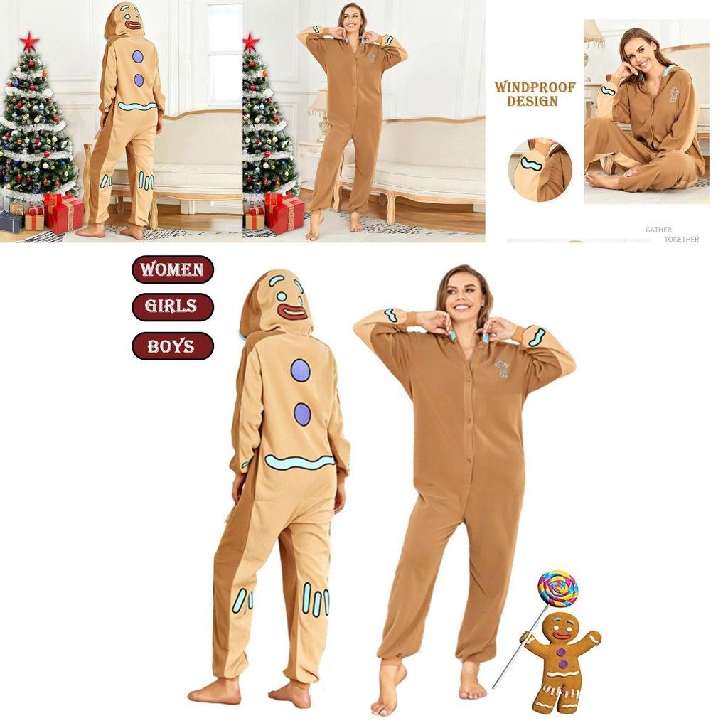 Gingerbread Man Hooded Pajamas Cosplay Costume For Women Boys Girls Xmas