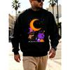Men's Graphic Print Crew Neck Sweatshirt With Cute Witch Cats Moon Pumpkins Halloween, Loose Fit Streetwear.