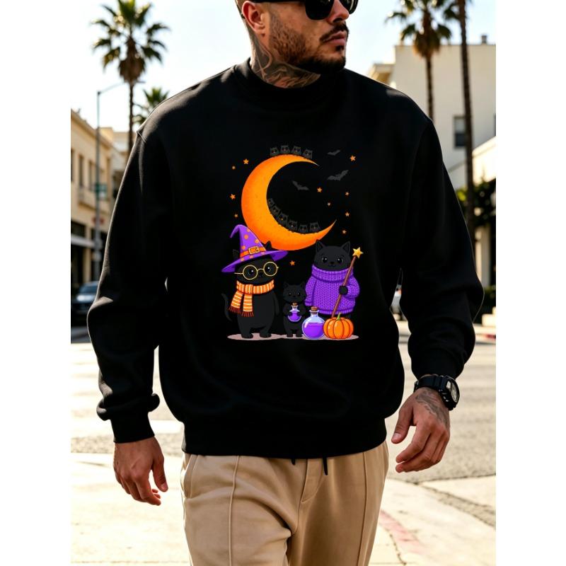 Men's Graphic Print Crew Neck Sweatshirt With Cute Witch Cats Moon Pumpkins Halloween, Loose Fit Streetwear.
