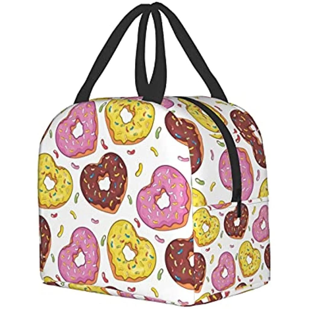 Love Donuts Lunch Box Insulated Lunch Boxes Waterproof Lunch Bag Reusable Lunch Tote with Front Pocket for Office Picnic School