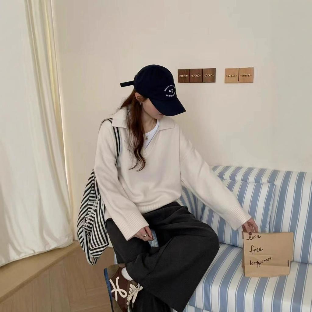 Turn-down collar, scissor collar, long-sleeve knit shirt for women, new loose plus-size thickened pullover top, export autumn and winter