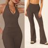 Yoga Pants Set Lace Splicing Neck Top Women's High Waist Flared Pants Running Sports Fitness Set