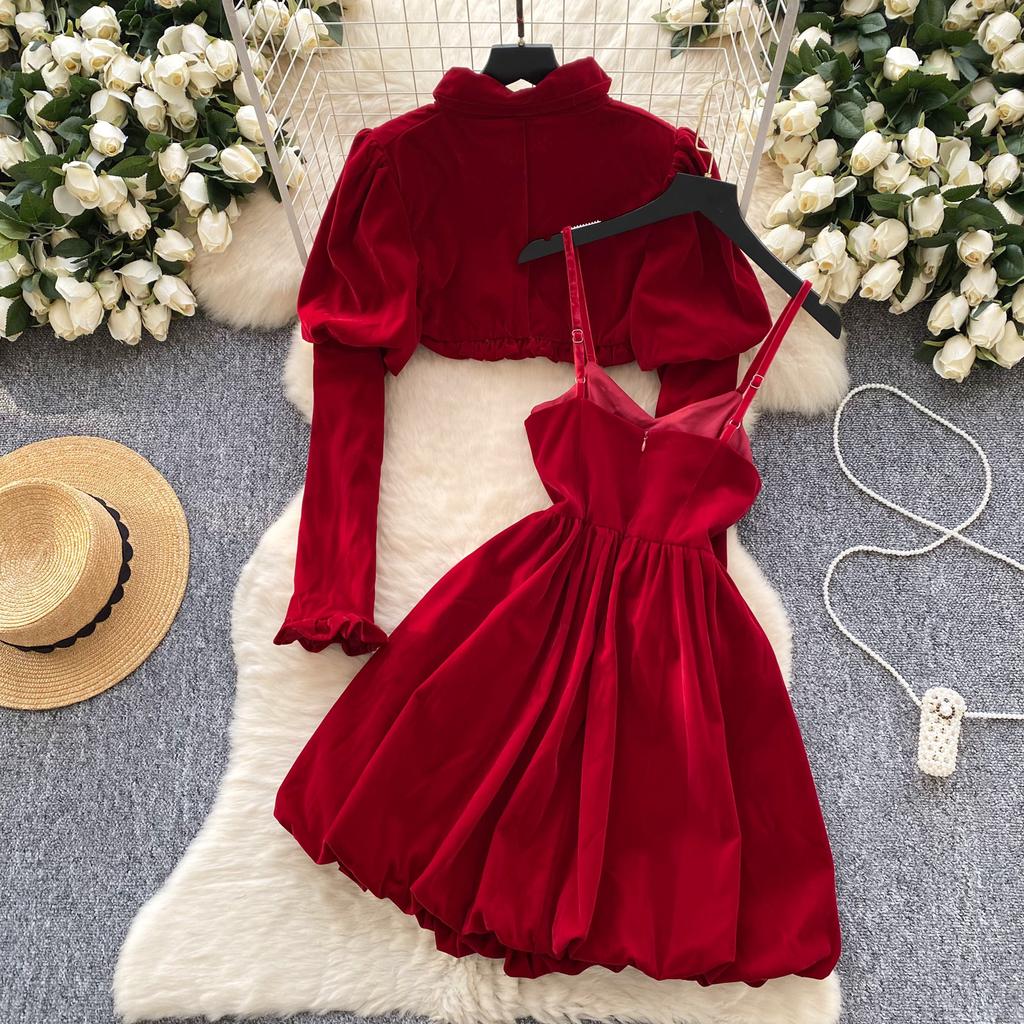 Red Sweet New Year Two Piece Set Women French Puff Sleeve Bow Short Coat + Velvet Suspender Bud Dress Suit Japanese Kawaii Ruched Design Sets