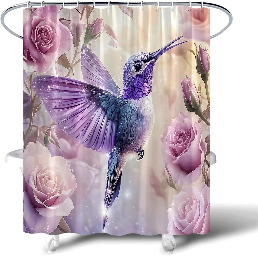 Hummingbird Flower Shower Curtain Spring Purple Rose Floral Birds Tropical Animal Rustic Nature Fantasy Garden Elegant Women