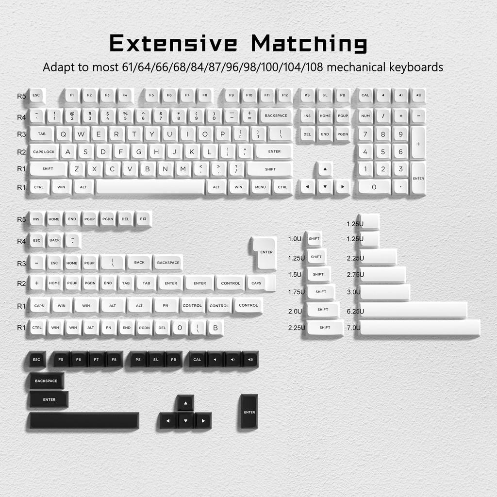 187-Key Double-Shot PBT Keycaps with Cherry MX Gateron Switches for 60, 65, 70, and 100% Mechanical Keyboards (White & Black)