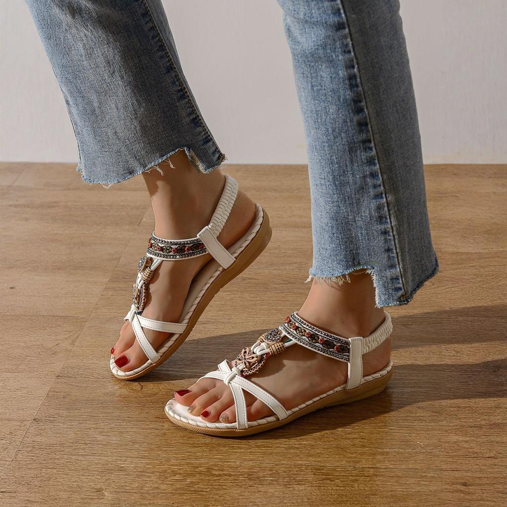 Damen Ballerinas, Bequeme Böhmische Perlenbesetzte Elegante Sommer Damen Sandalen Riemen Elastisch Outdoor Walking Strand