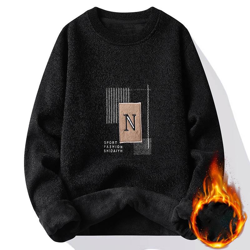 

Мужской свитер пэчворк с круглым вырезом, пуловеры, на флисовой подкладке, толстый, теплый, зимний, вязаный, модный, джемперы, мужская одежда XXXXXL чёрный