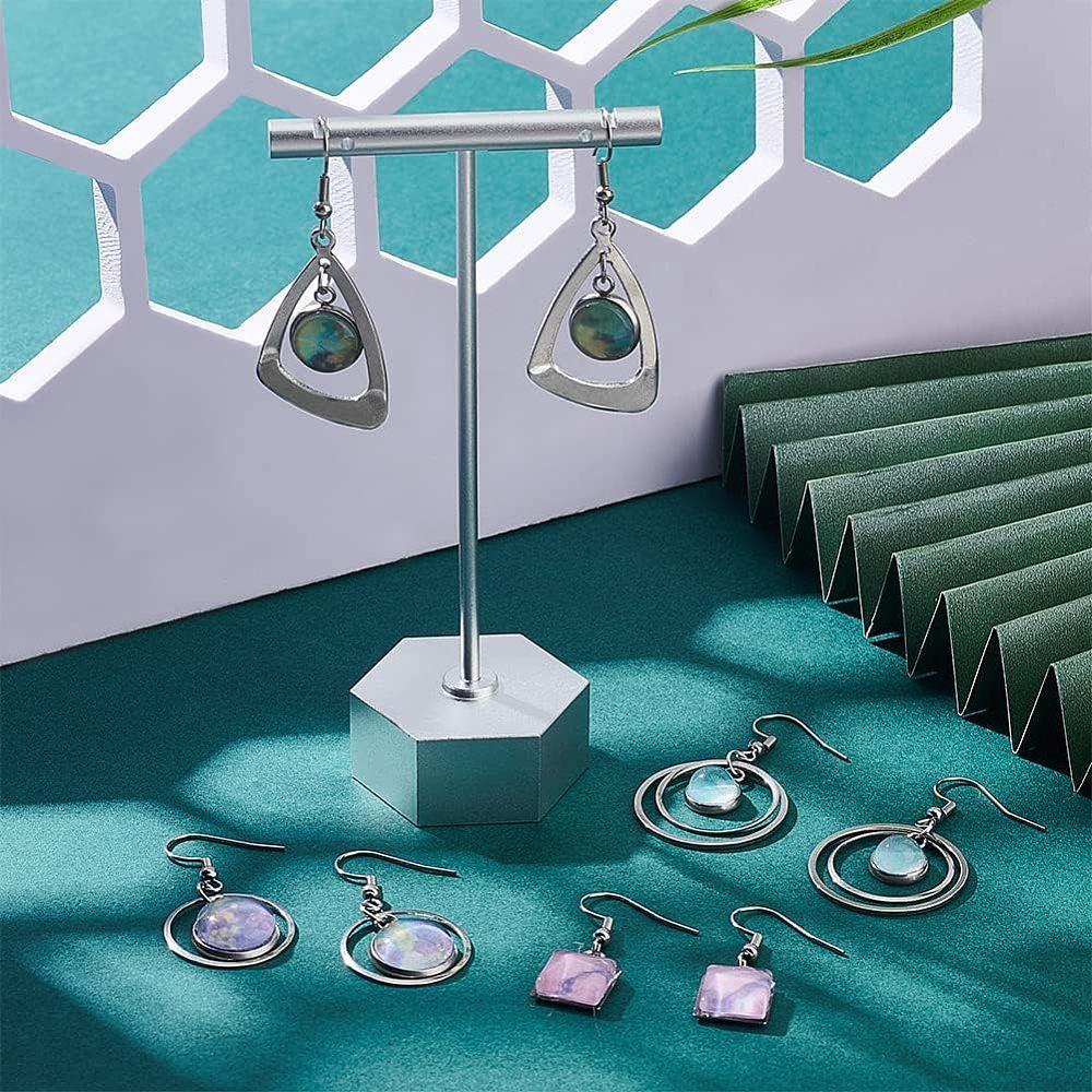 12 Pairs 4 Style Glass Blank Dome Dangle Earrings Twist Triangle & Ring & Square 304 Stainless Steel Earrings for Women Stainless Steel Color 33~50mm