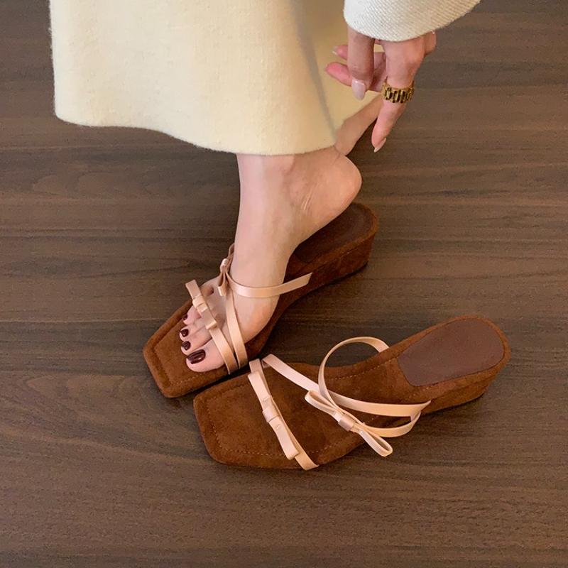 Fashion Summer Open Toe Bow Women's Slippers 2025 New Fashion Wedge High Heels Stripper Party Sliding Shoes Women Zapatos De Mujer