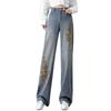 Narrow version wide-leg jeans women's summer new high-waisted loose national style embroidered straight tube drape pants